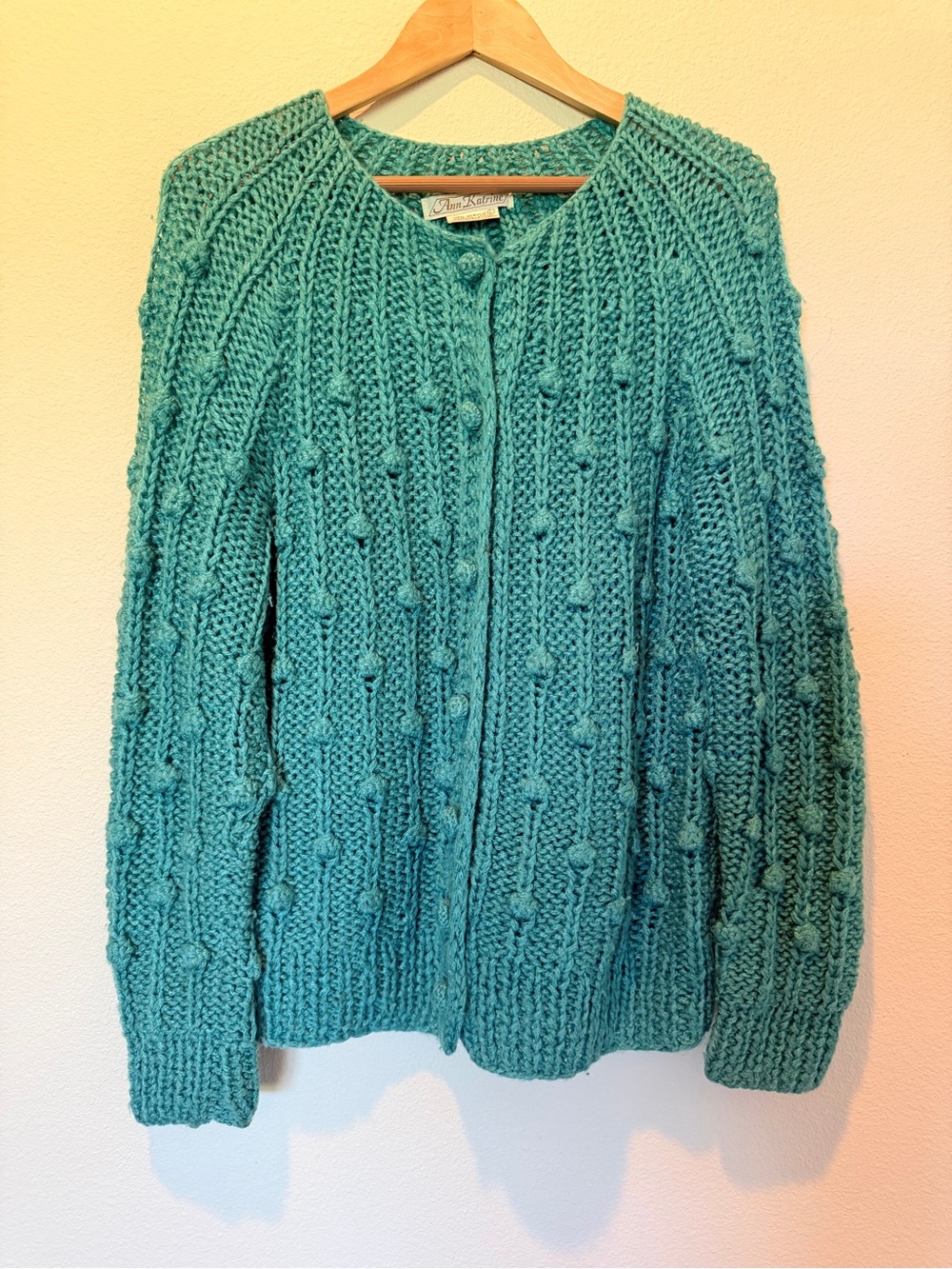 Vintage Ann Katrine Teal Chunky Knit Button Cardigan Sweater Size Large #0275